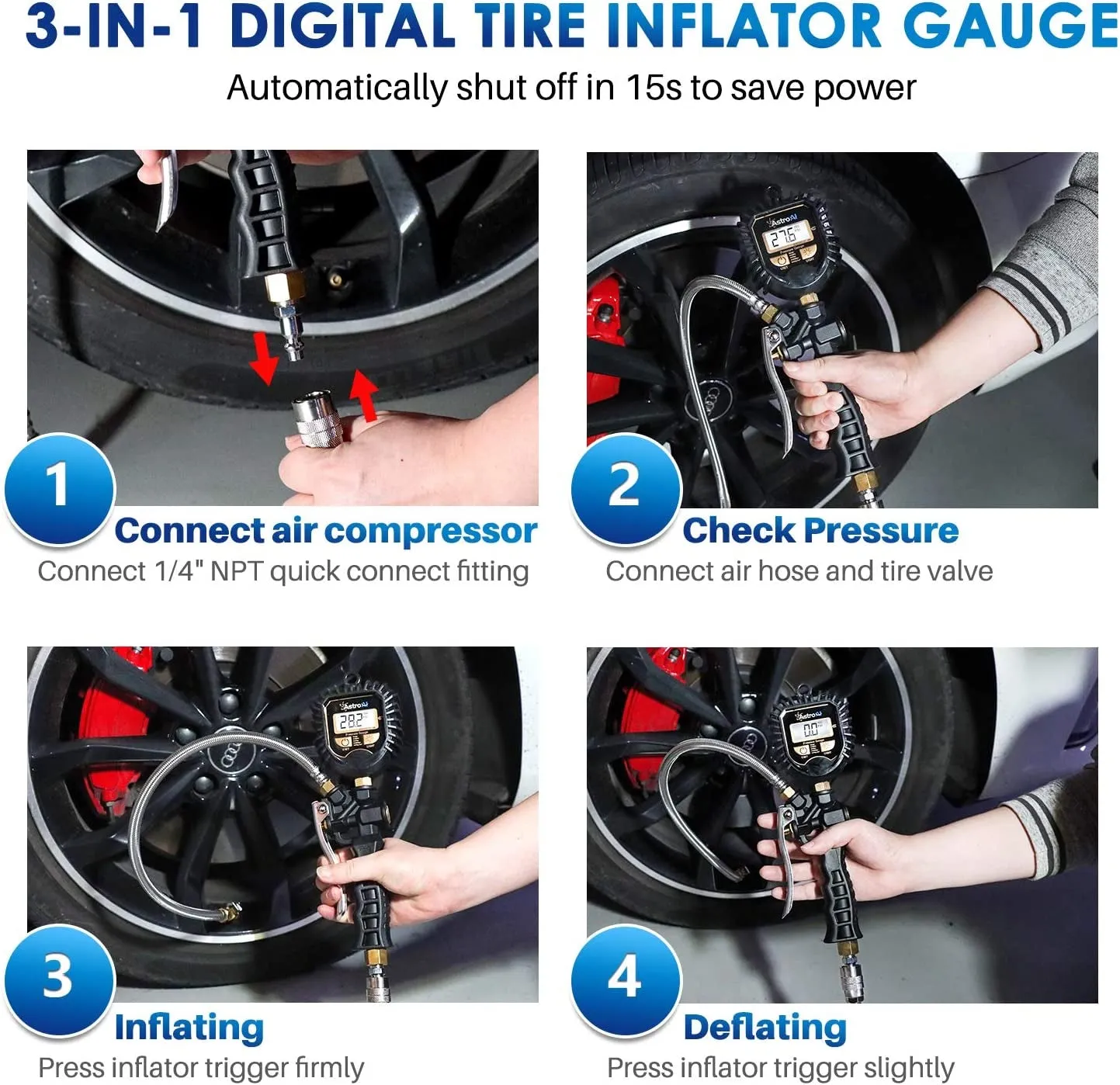 Astroai Digital Tire Pressure Gauge, Heavy Duty Tire Inflator Gauge 250PSI Air Chuck Compressor Accessories with Stainless Braided Hose, Rotatable Dial&Quick Connect Coupler for Truck/Rv/Suv