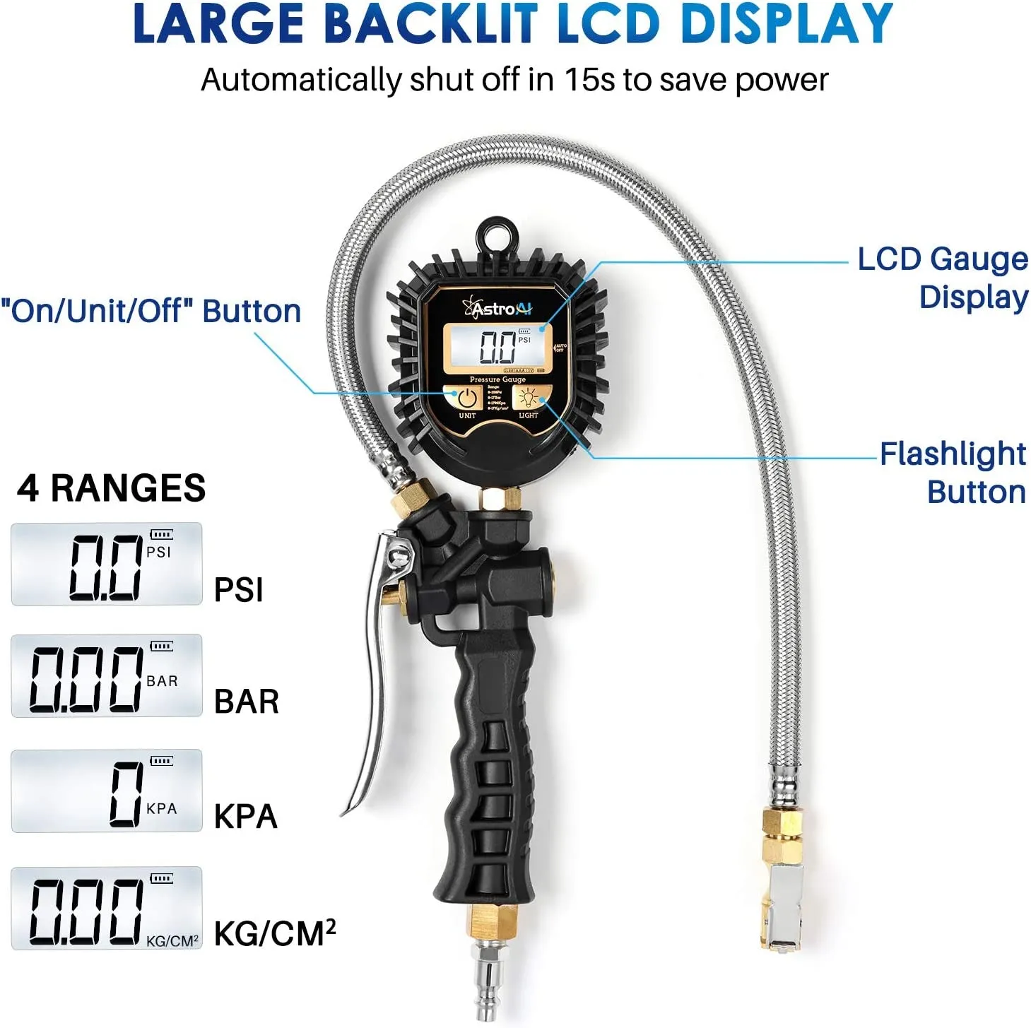 Astroai Digital Tire Pressure Gauge, Heavy Duty Tire Inflator Gauge 250PSI Air Chuck Compressor Accessories with Stainless Braided Hose, Rotatable Dial&Quick Connect Coupler for Truck/Rv/Suv