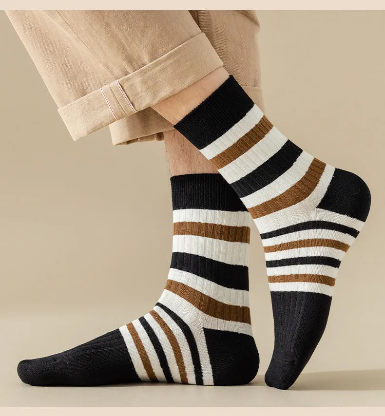 Breathable Sweat Absorbing Men's Mid-Calf Length Sock Striped Colors Retro Socks