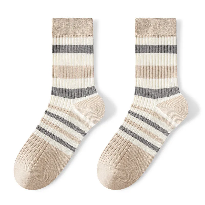 Breathable Sweat Absorbing Men's Mid-Calf Length Sock Striped Colors Retro Socks