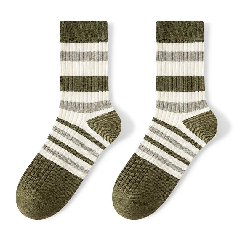 Breathable Sweat Absorbing Men's Mid-Calf Length Sock Striped Colors Retro Socks