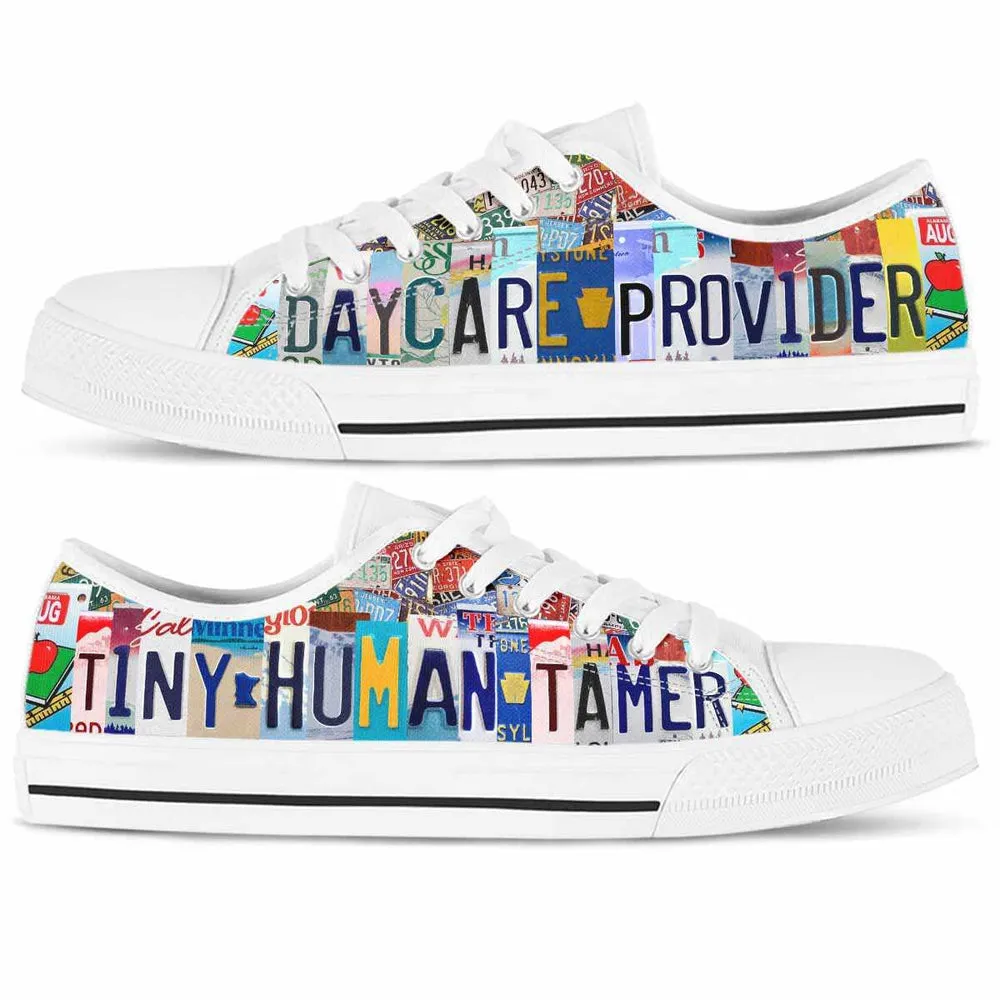 Daycare Teacher License Plate Tiny Human Tamer Low Top Shoes, Teacher Shoes, Low Top Sneakers