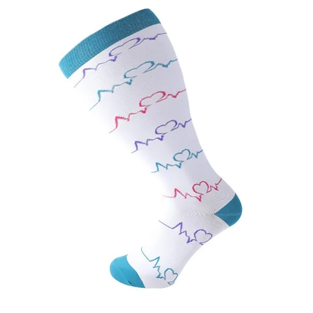 EKG Heartbeat Patterned Knee High - White (Compression Socks)