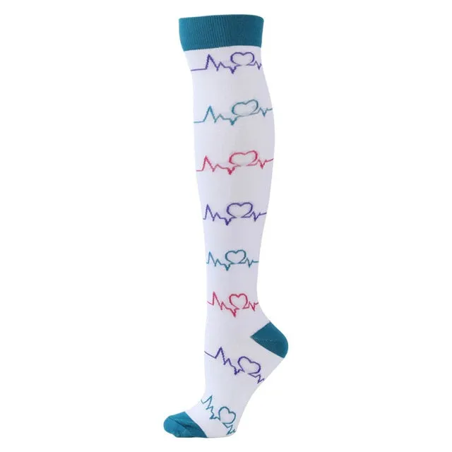 EKG Heartbeat Patterned Knee High - White (Compression Socks)