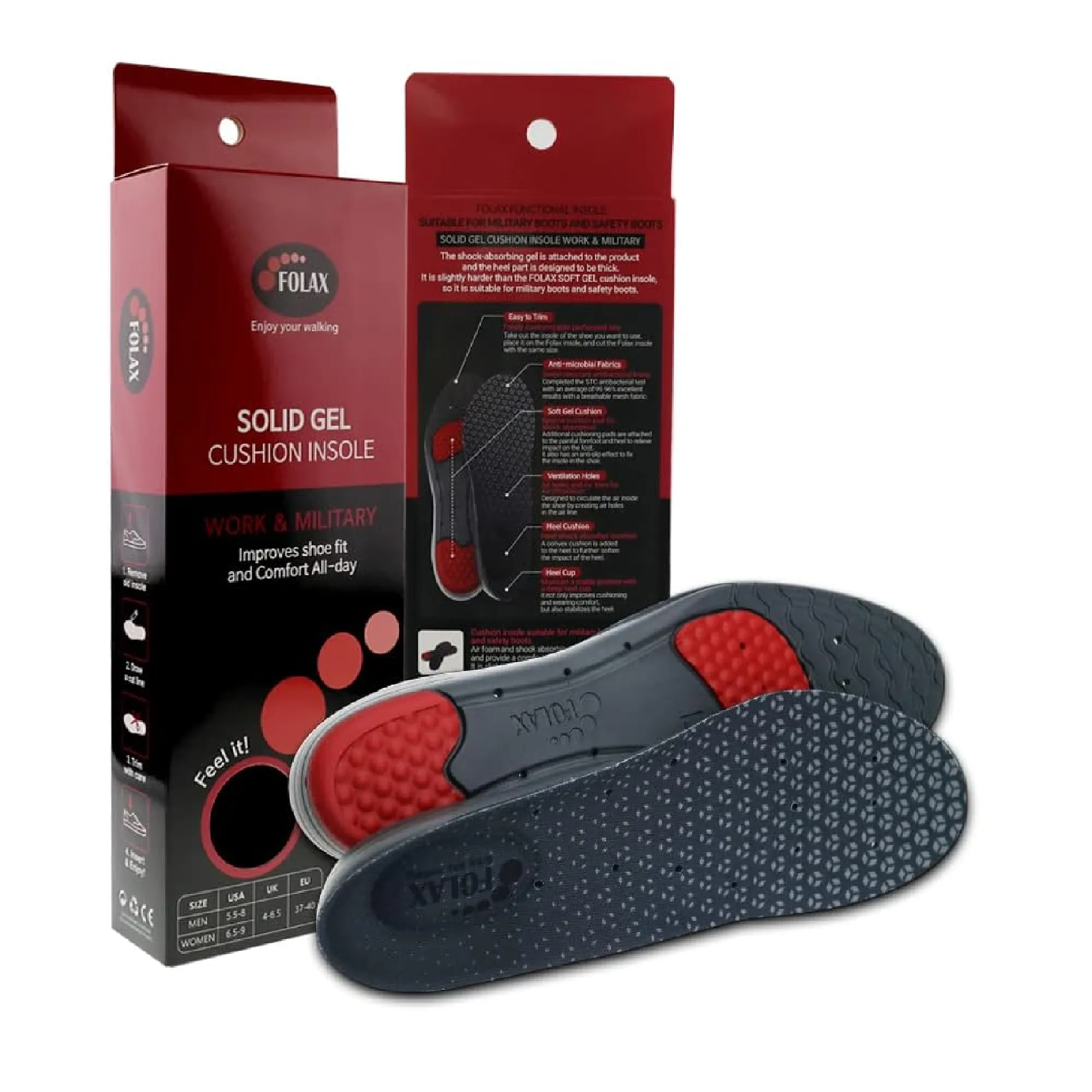 FOLAX Solid Gel Cushion Insoles Work&Military Color Red