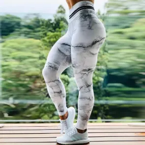 Marble Print High Waist Workout Leggings - Moisture-Wicking & Tummy Control