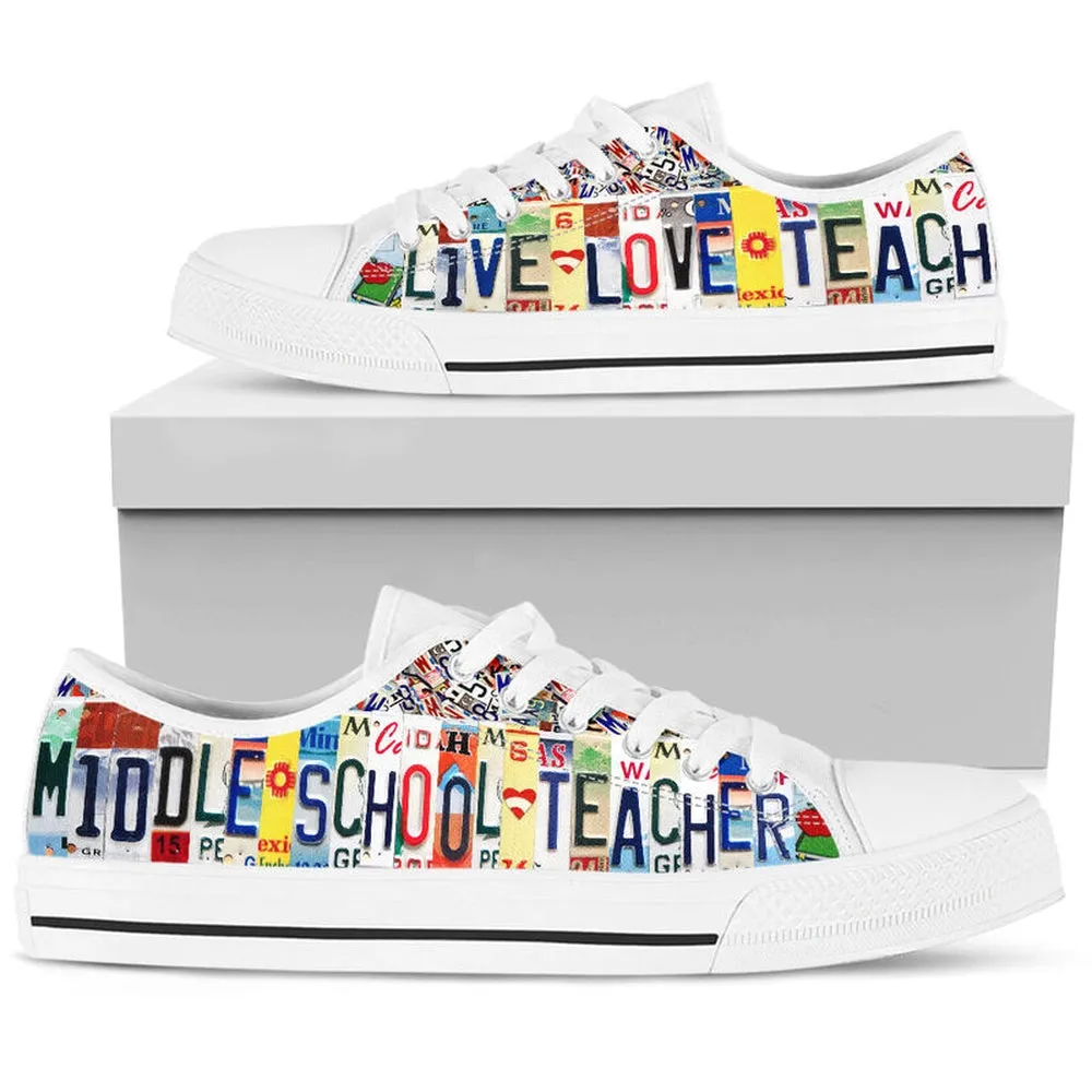 Middle School Live Love License Plates Low Top Shoes, Teacher Shoes, Low Top Sneakers