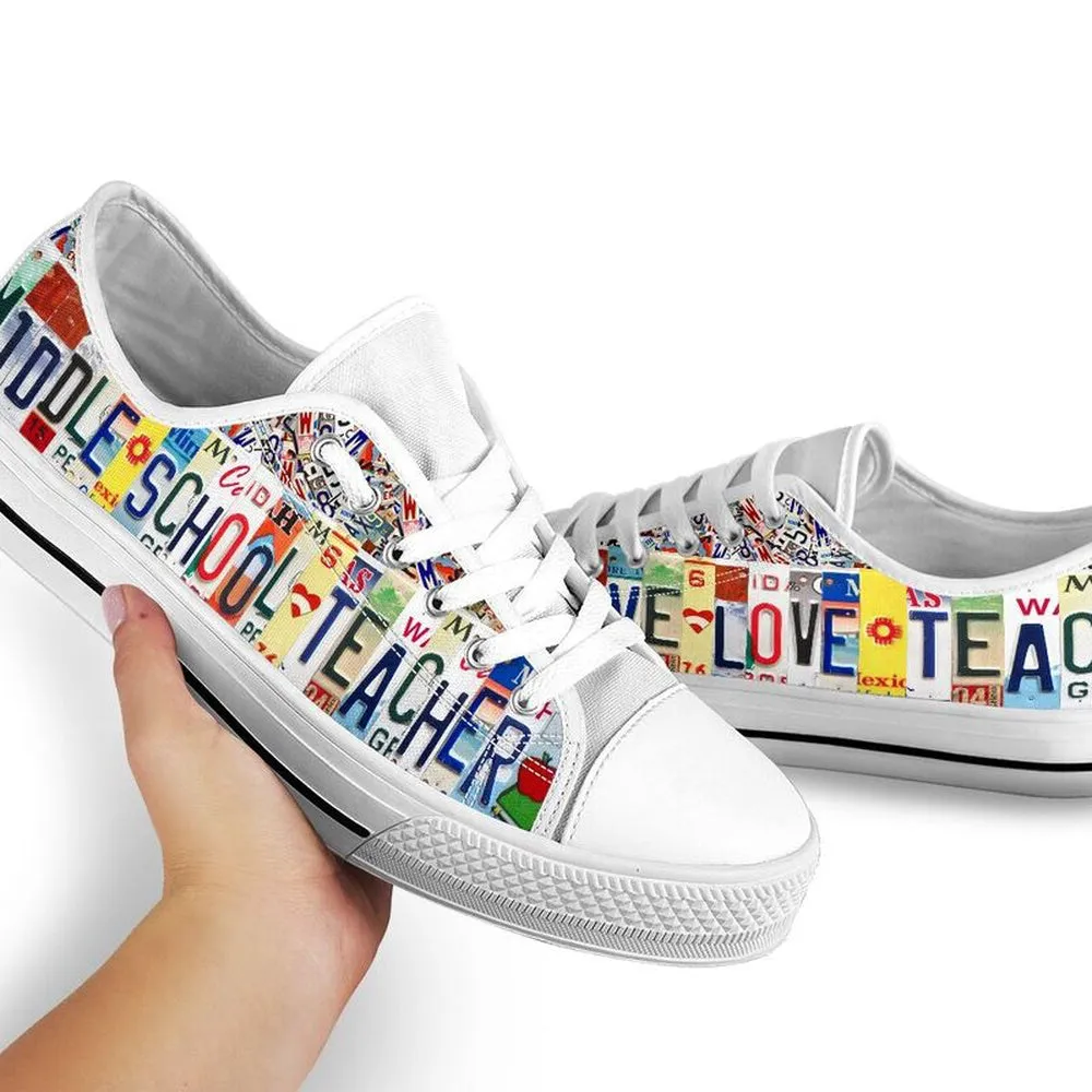 Middle School Live Love License Plates Low Top Shoes, Teacher Shoes, Low Top Sneakers