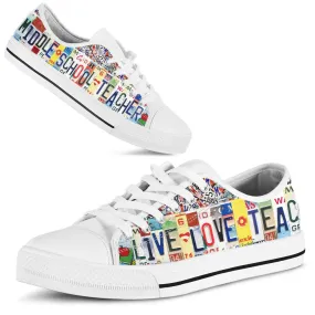 Middle School Live Love License Plates Low Top Shoes, Teacher Shoes, Low Top Sneakers