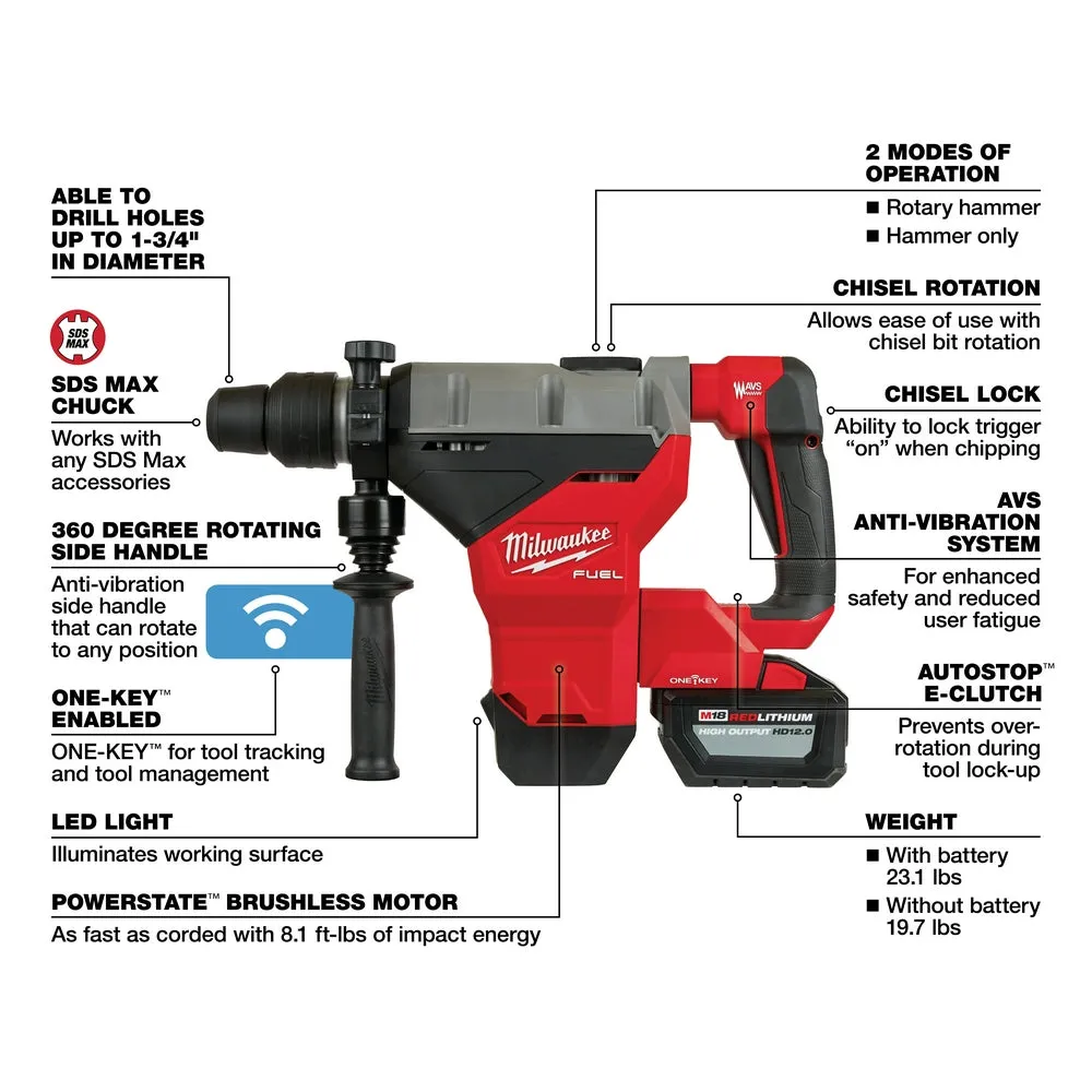 Milwaukee 2718-22HD M18 FUEL 18V 1-3/4 Inch SDS MAX Rotary Hammer ONE KEY Kit