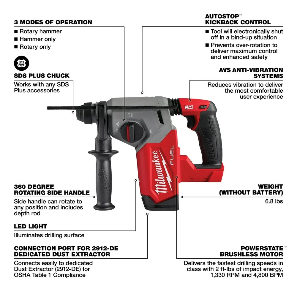 Milwaukee 2912-20 M18 FUEL 18V 1" SDS Plus Rotary Hammer w/ 4-1/2" / 5" Grinder