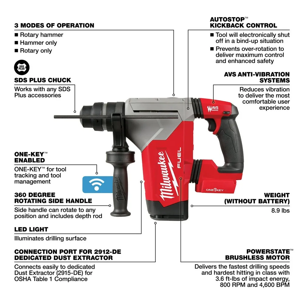 Milwaukee 2915-20 M18 FUEL 1-1/8" SDS Plus Rotary Hammer w/ ONE-KEY - Bare Tool