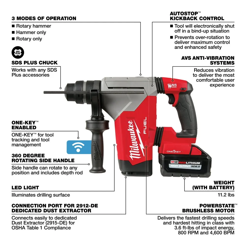 Milwaukee 2915-22DE M18 FUEL 18V 1-1/8" SDS Plus Rotary Hammer HAMMERVAC Kit