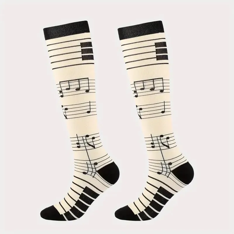 Music Note Pattern Knee High - (Compression Socks)