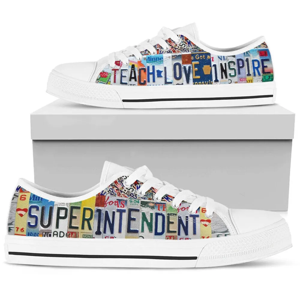 Superintendent Teacher Inspire License Plates Low Top Shoes, Teacher Shoes, Low Top Sneakers